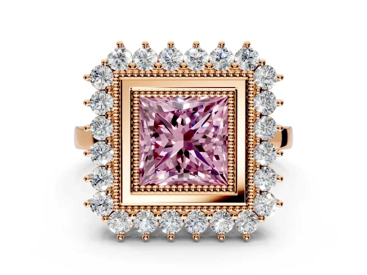 Halo Engagement Ring Setting for Fancy Pink Princess Cut Center with Milgrain Bezel Rim, Plain Band and Prong Head in Rose Gold