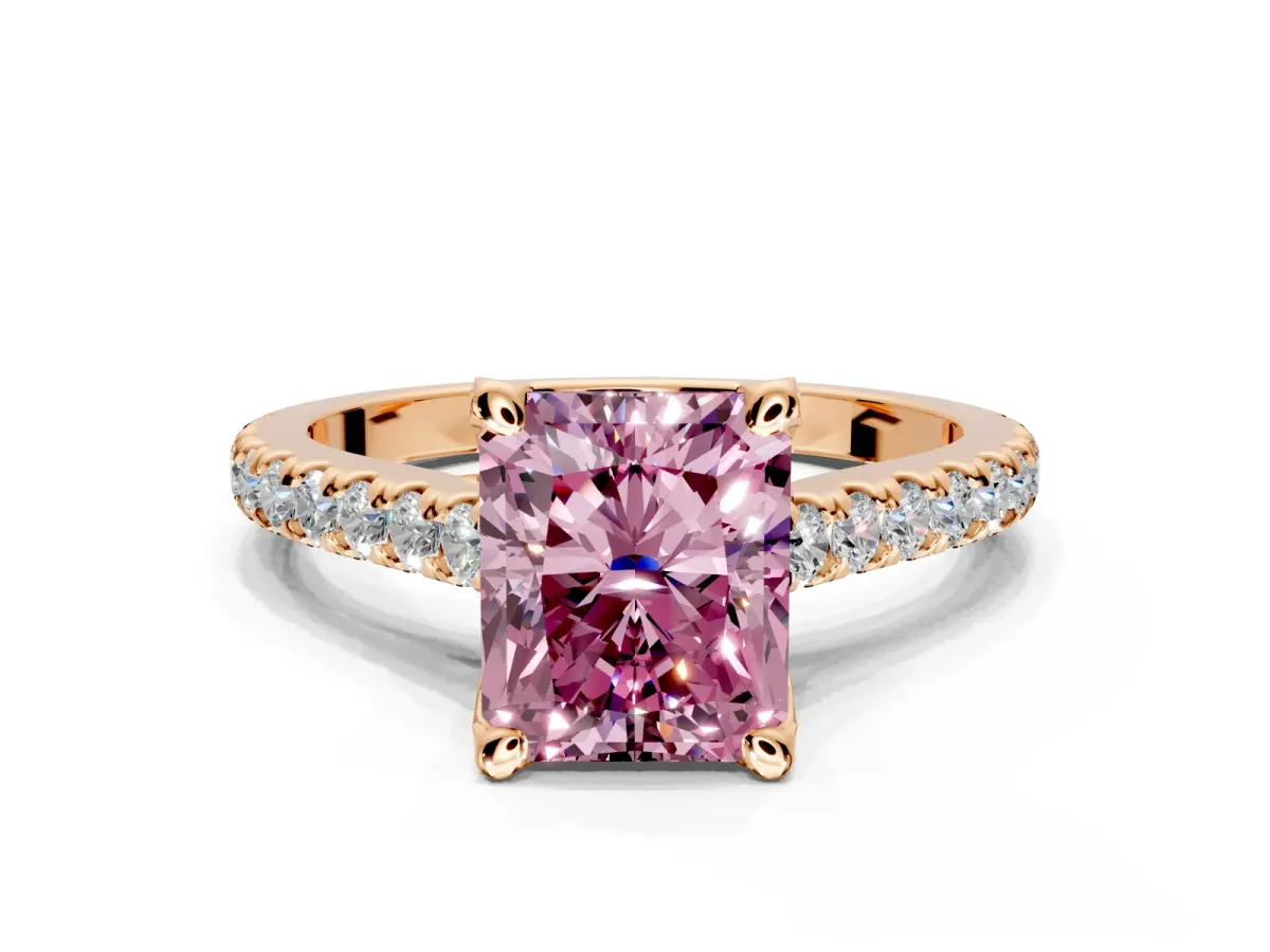 Solitaire Engagement Ring Setting for Fancy Pink Radiant Cut Center with Widening Pave Band and Claw Prong Head in Rose Gold