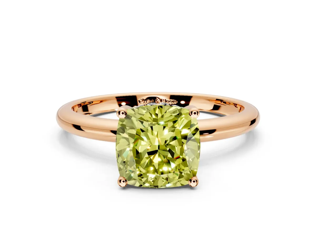 Hidden Halo Engagement Ring Setting for Fancy Yellow Cushion Cut Center with Thin Round-Wire Band and Prong Head in Rose Gold