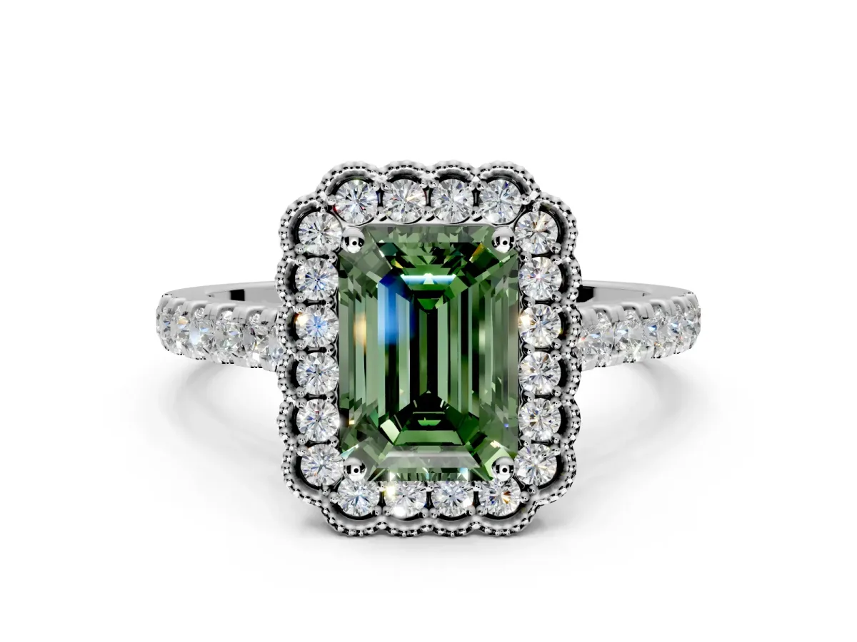 Milgrain Floral Halo Engagement Ring Setting for Fancy Green Emerald Cut Center with Pave Band and Prong Head in White Gold
