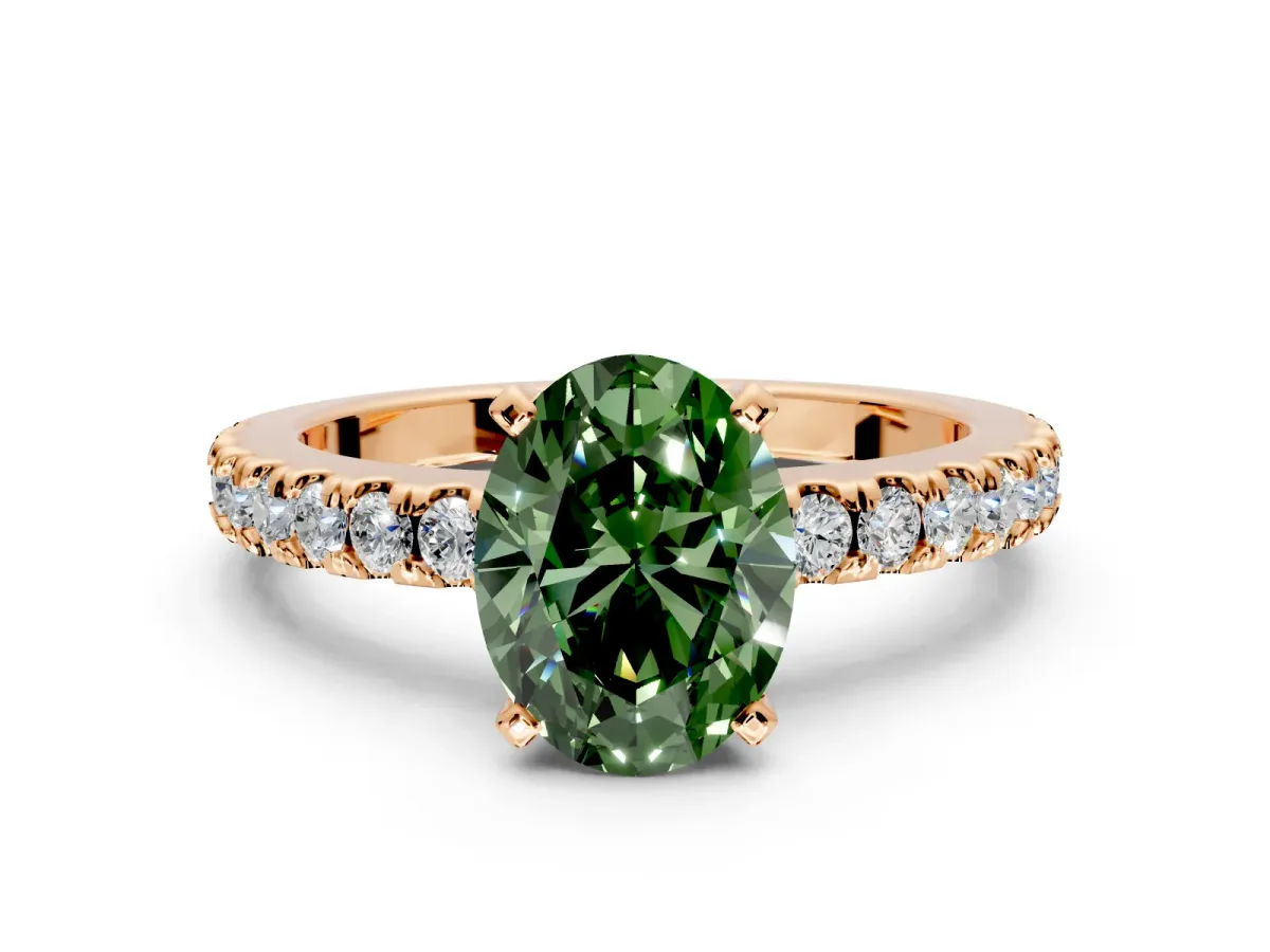 Solitaire Engagement Ring Setting for Fancy Green Oval Center with Single Row Accent Band and Prong Head in Rose Gold