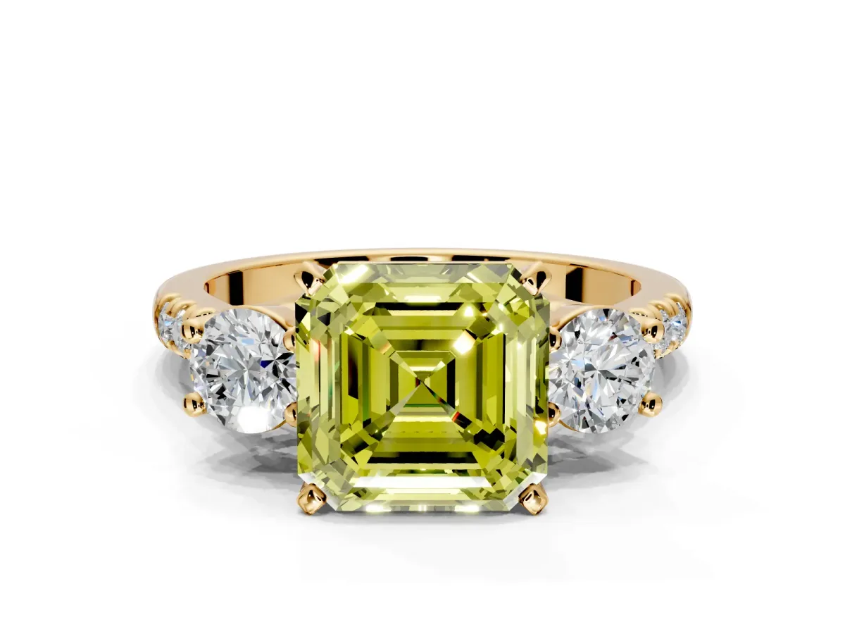 3 Stone Engagement Ring Setting for Fancy Yellow Asscher Cut Center with Crossover Basket, Pave Band and Prong Head in Yellow Gold