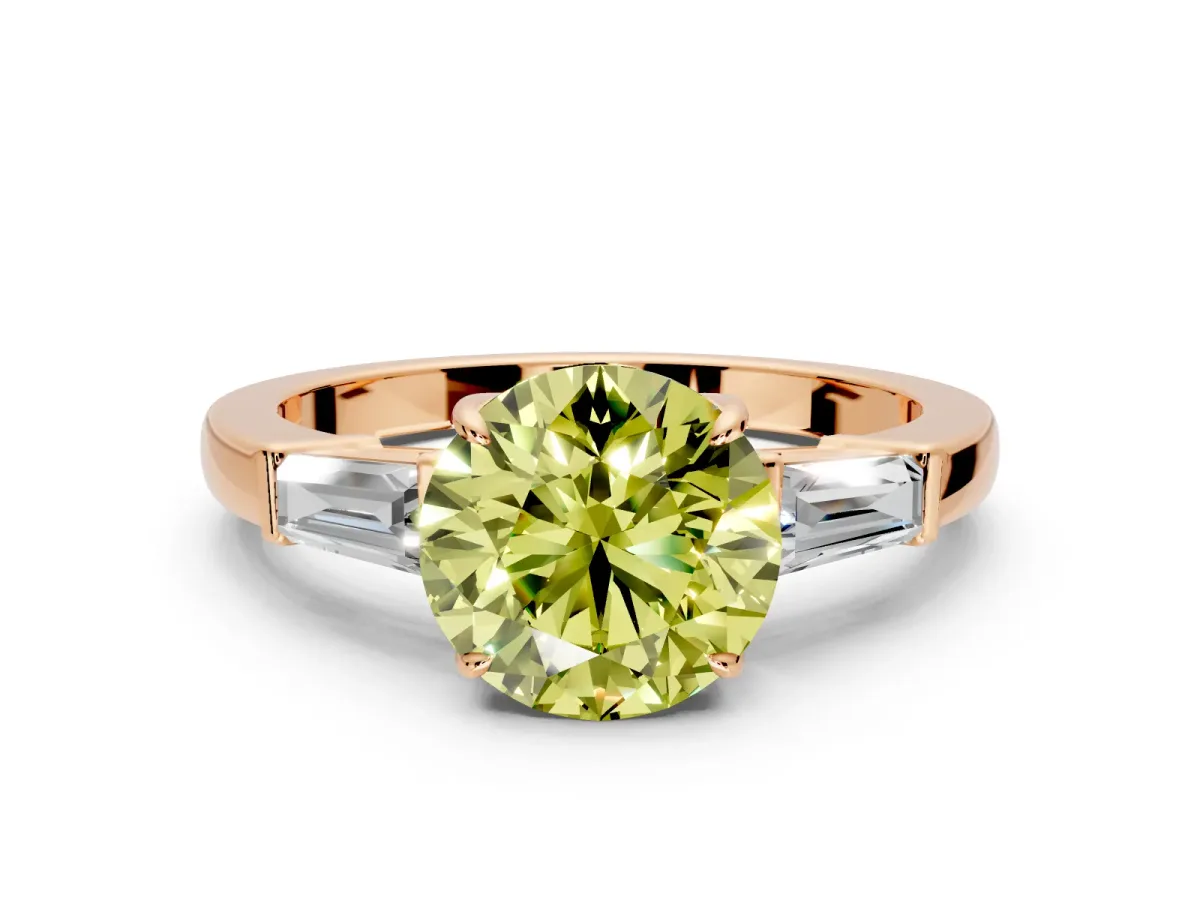 3 Stone Engagement Ring Setting for Fancy Yellow Round Cut Center with Baguette Accents and Prong Head in Rose Gold