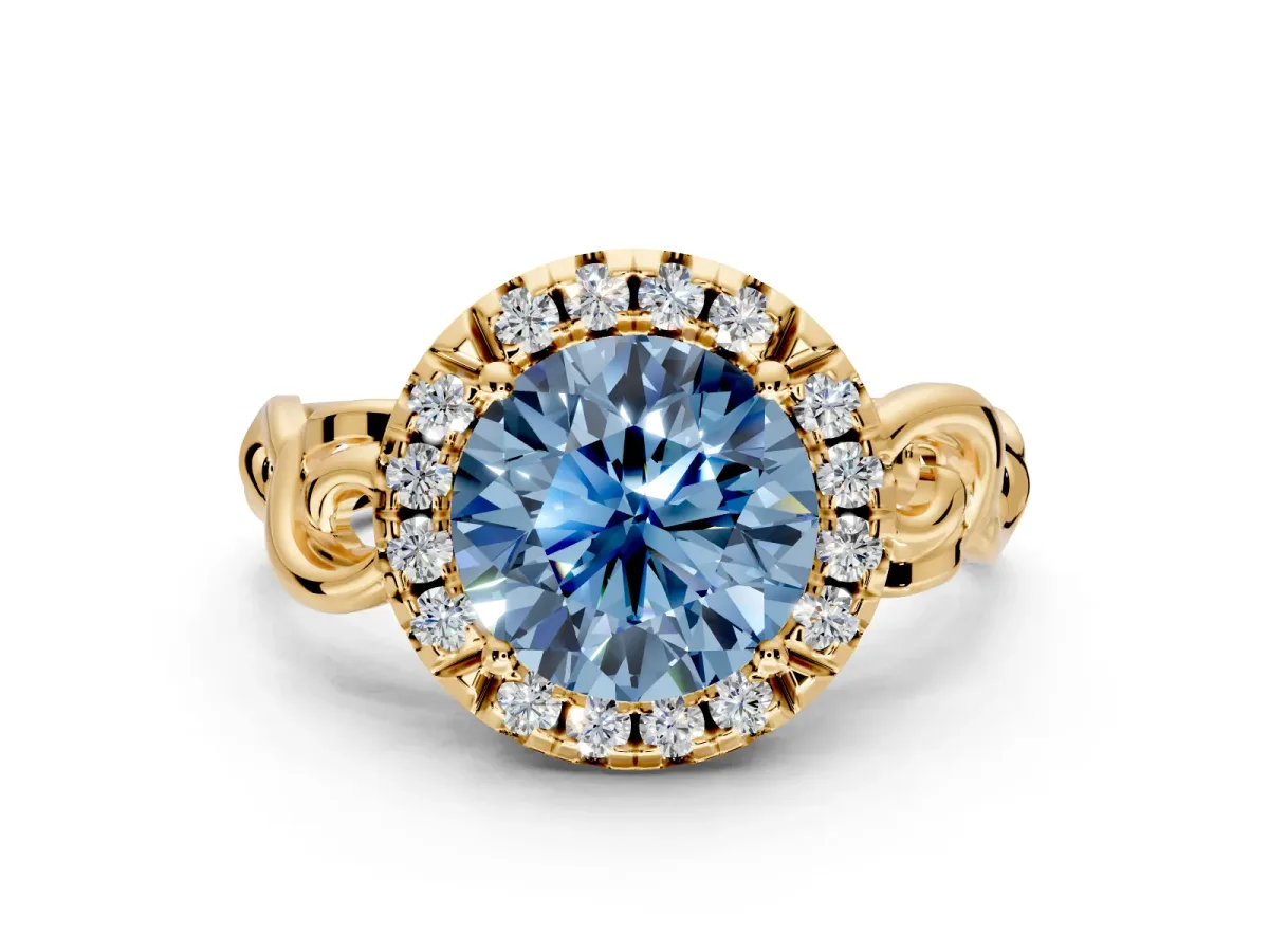 Halo Engagement Ring Setting for Fancy Blue Round Cut Center with Open Scroll Shoulders and Prong Head in Yellow Gold