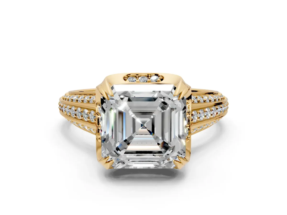 Solitaire Engagement Ring Setting for Asscher Cut Center with Accented Split Shank and Prong Head in Yellow Gold