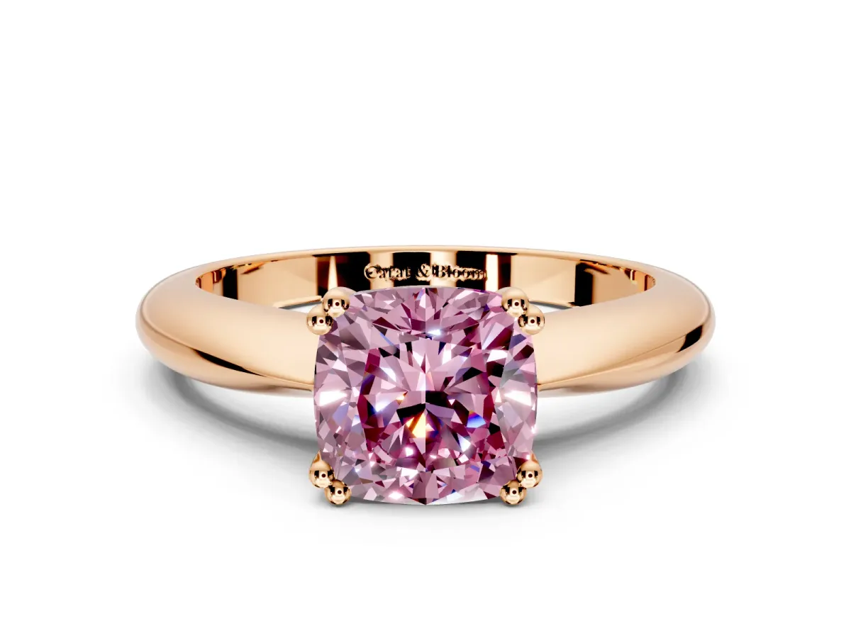 Solitaire Engagement Ring Setting for Fancy Pink Cushion Cut Center with Reverse Tapered Band and Prong Head in Rose Gold