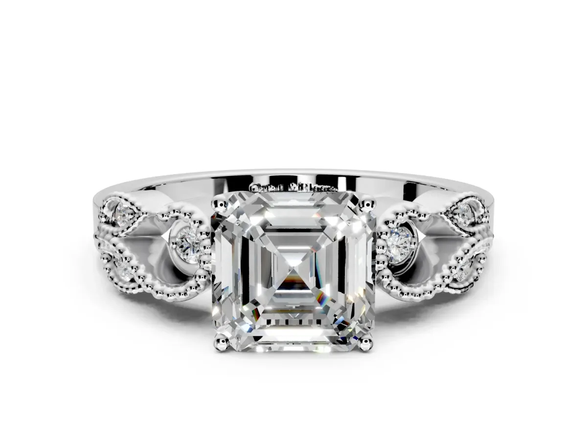Leaf Engagement Ring Setting for Asscher Cut Center with Milgrain Accent Band and Prong Head in White Gold