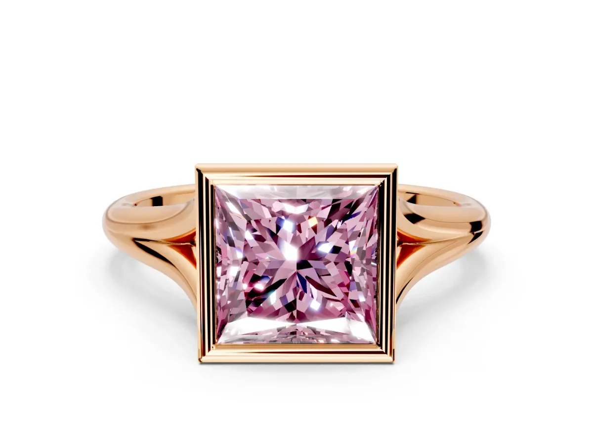 Solitaire Engagement Ring Setting for Fancy Pink Princess Cut Center with V Split Shank and Bezel Head in Rose Gold