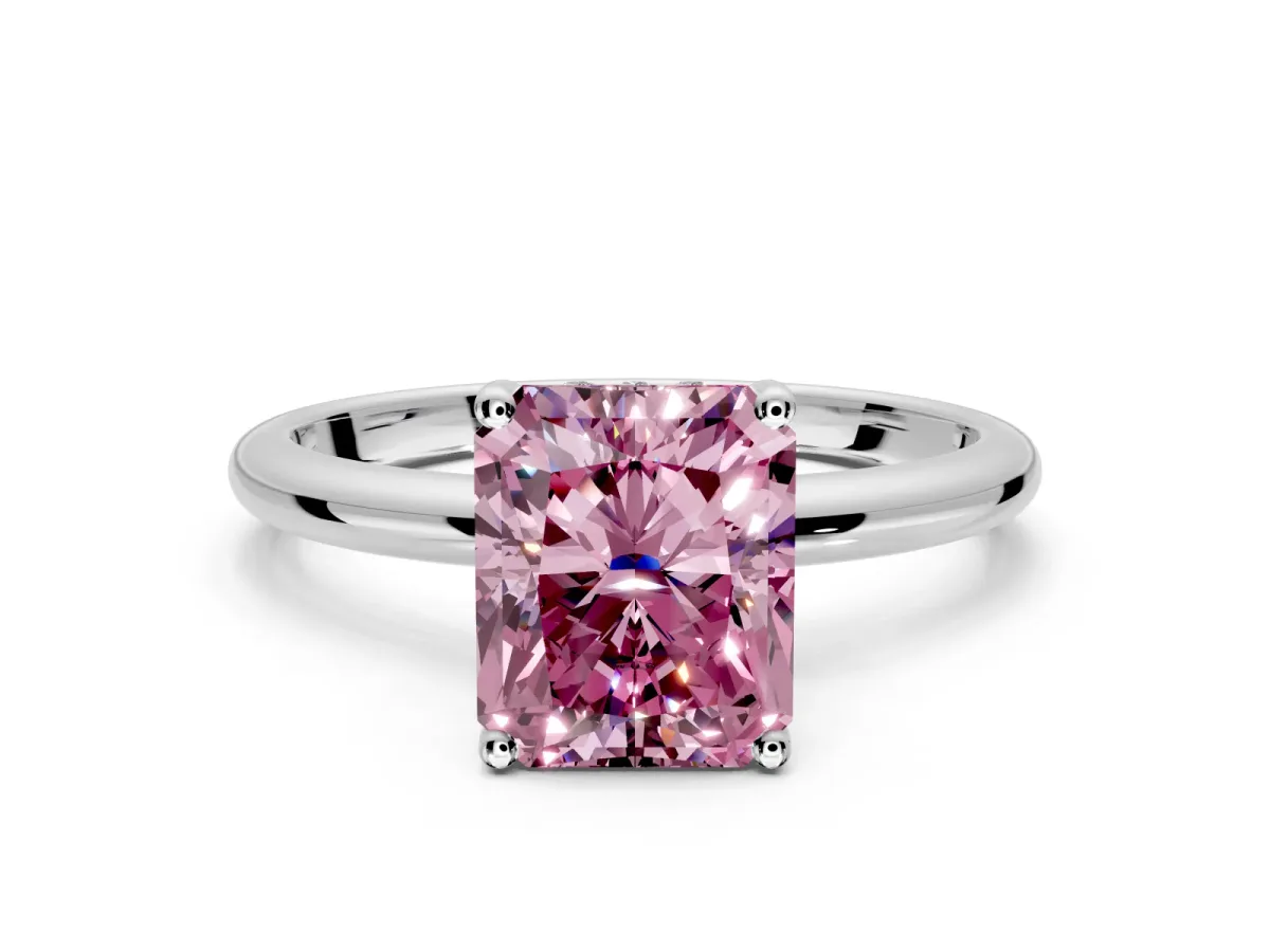 Hidden Halo Engagement Ring Setting for Fancy Pink Radiant Cut Center with Thin Round-Wire Band and Prong Head in Sterling Silver