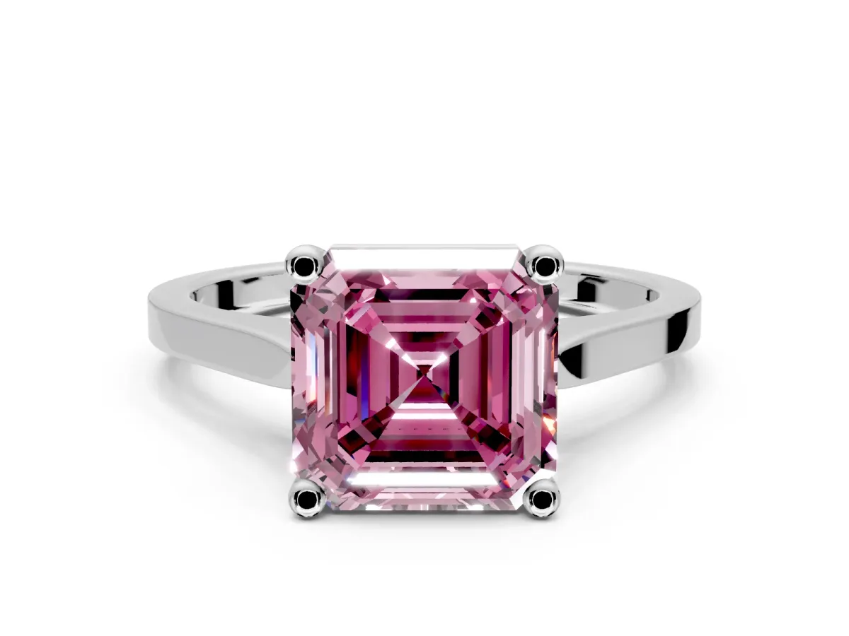 Solitaire Engagement Ring Setting for Fancy Pink Asscher Cut Center with Tapered Shoulders and Prong Head in Platinum