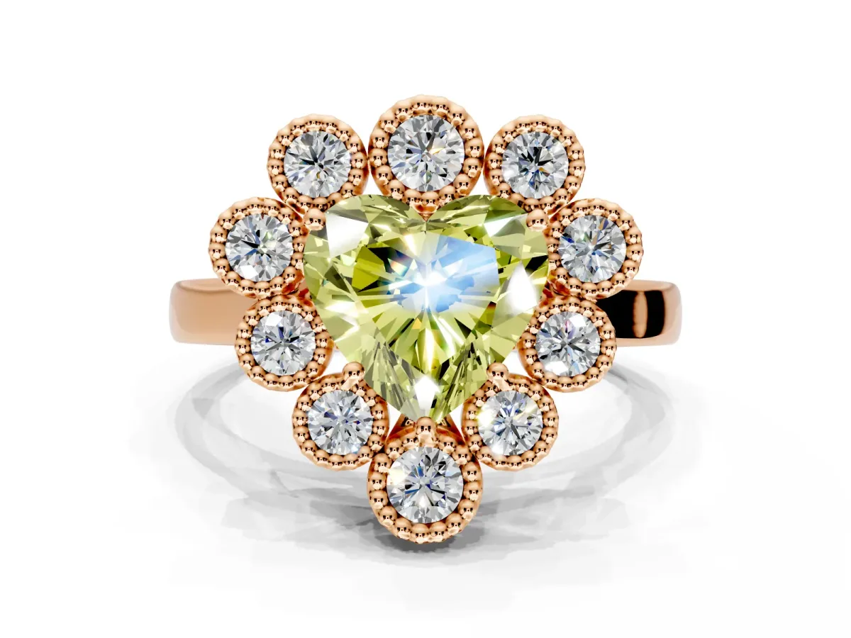 Cluster Halo Engagement Ring Setting for Fancy Yellow Heart-Shaped Center with Milgrain Bezel Accents and Prong Head in Rose Gold