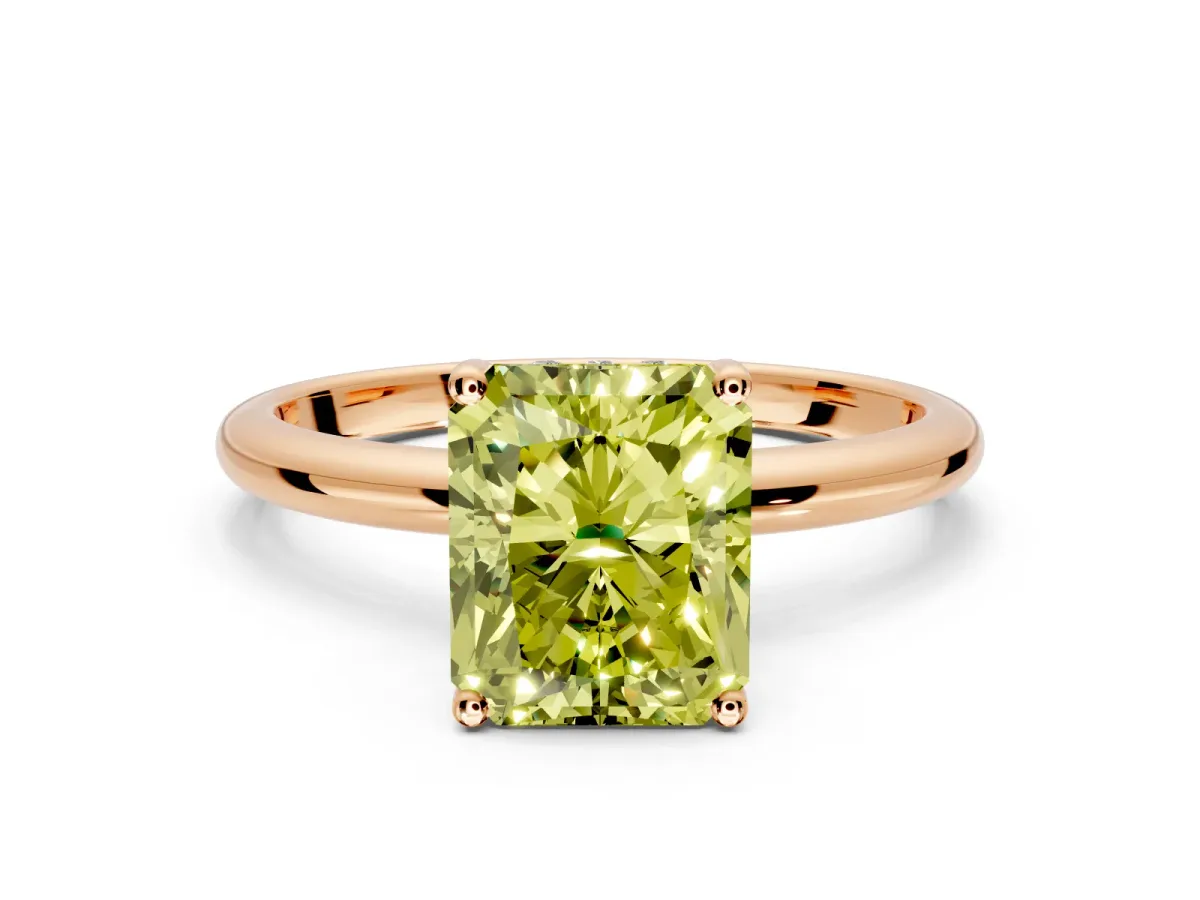 Hidden Halo Engagement Ring Setting for Fancy Yellow Radiant Cut Center with Thin Round-Wire Band and Prong Head in Rose Gold