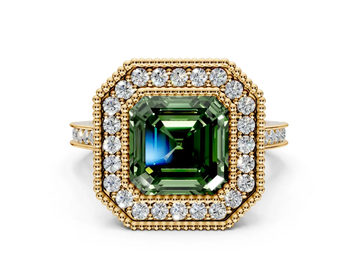 Halo Engagement Ring Setting for Fancy Green Asscher Cut Center with Milgrain Frame, Pave Band and Prong Head in Yellow Gold