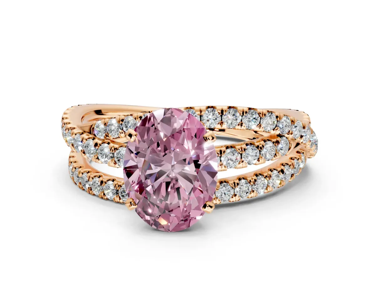 Solitaire Engagement Ring Setting for Fancy Pink Oval Center with Woven 3-Strand Pave Band and Prong Head in Rose Gold