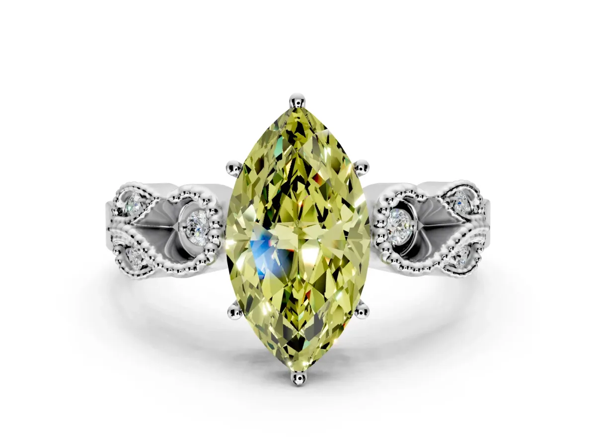 Leaf Engagement Ring Setting for Fancy Yellow Marquise Center with Milgrain Accent Band and Prong Head in Sterling Silver