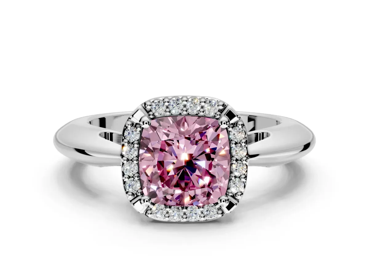 Halo Engagement Ring Setting for Fancy Pink Cushion Cut Center with Tapered Plain Band and Prong Head in White Gold
