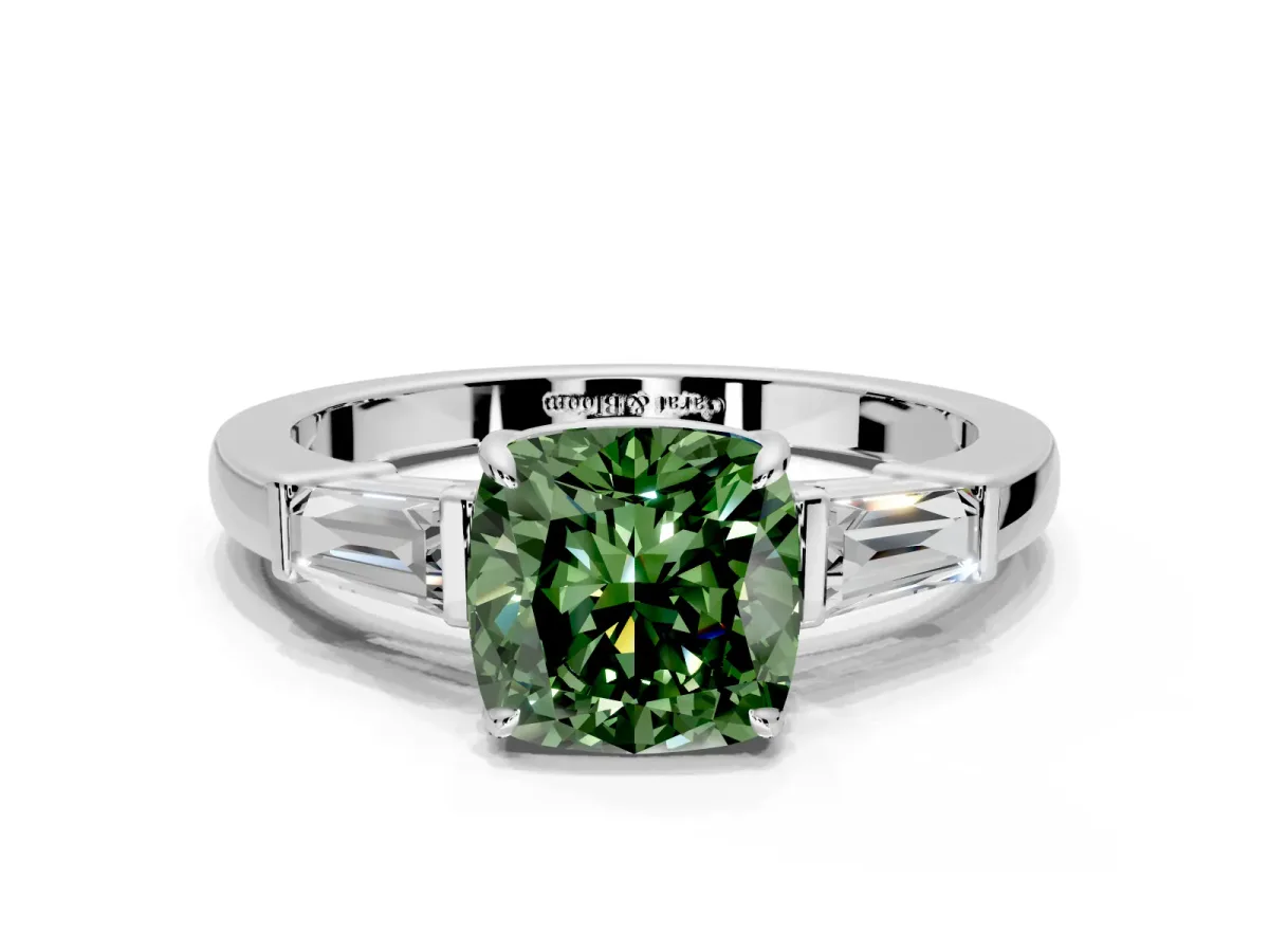 3 Stone Engagement Ring Setting for Fancy Green Cushion Cut Center with Baguette Accents and Prong Head in White Gold
