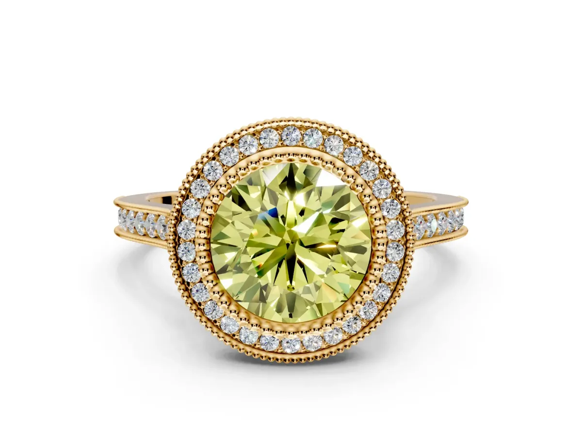 Halo Engagement Ring Setting for Fancy Yellow Round Cut Center with Milgrain Frame, Pave Band and Prong Head in Yellow Gold