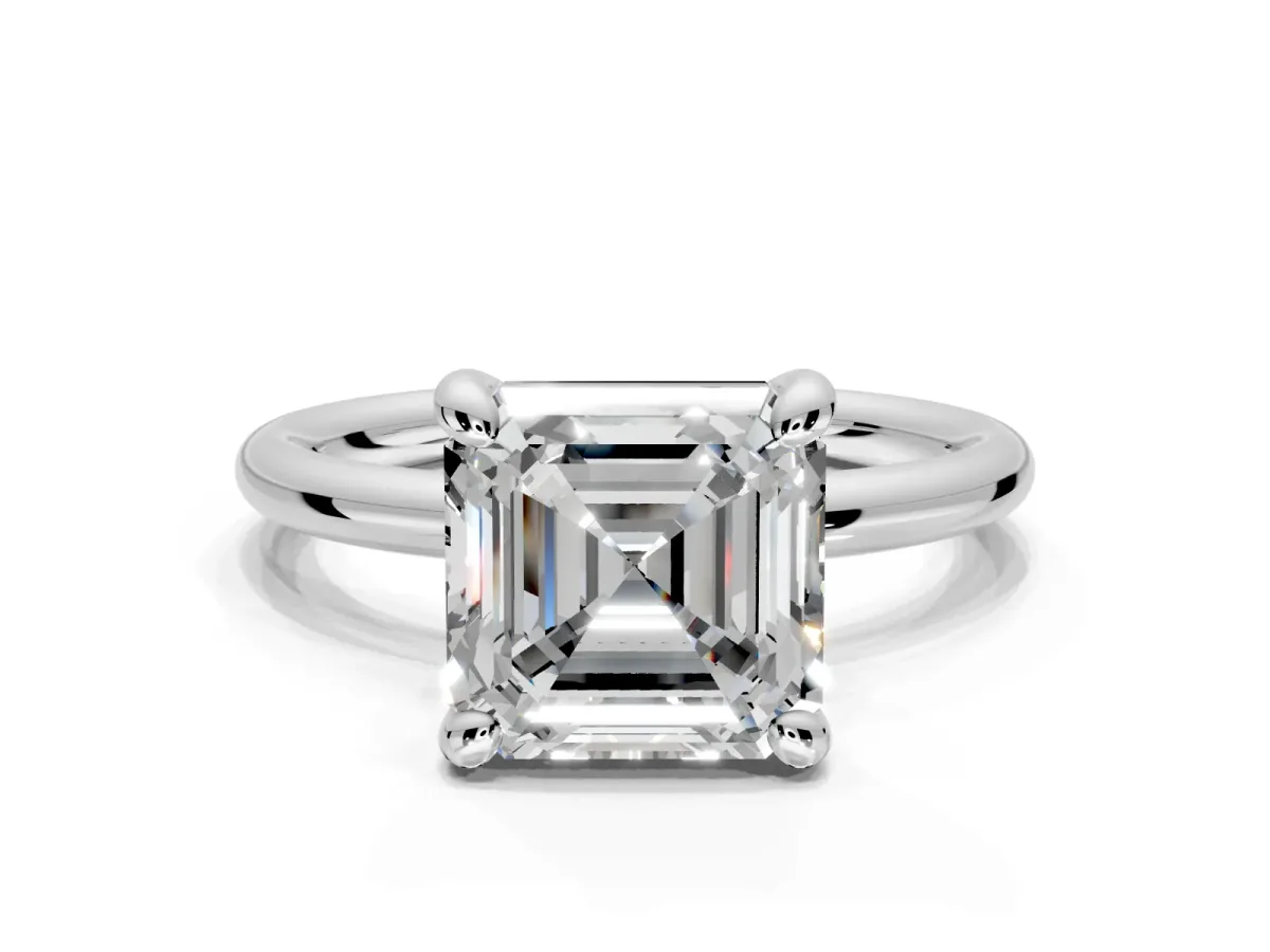 Low-Set Solitaire Engagement Ring Setting for Asscher Cut Center with Thin Plain Band and Prong Head in Platinum