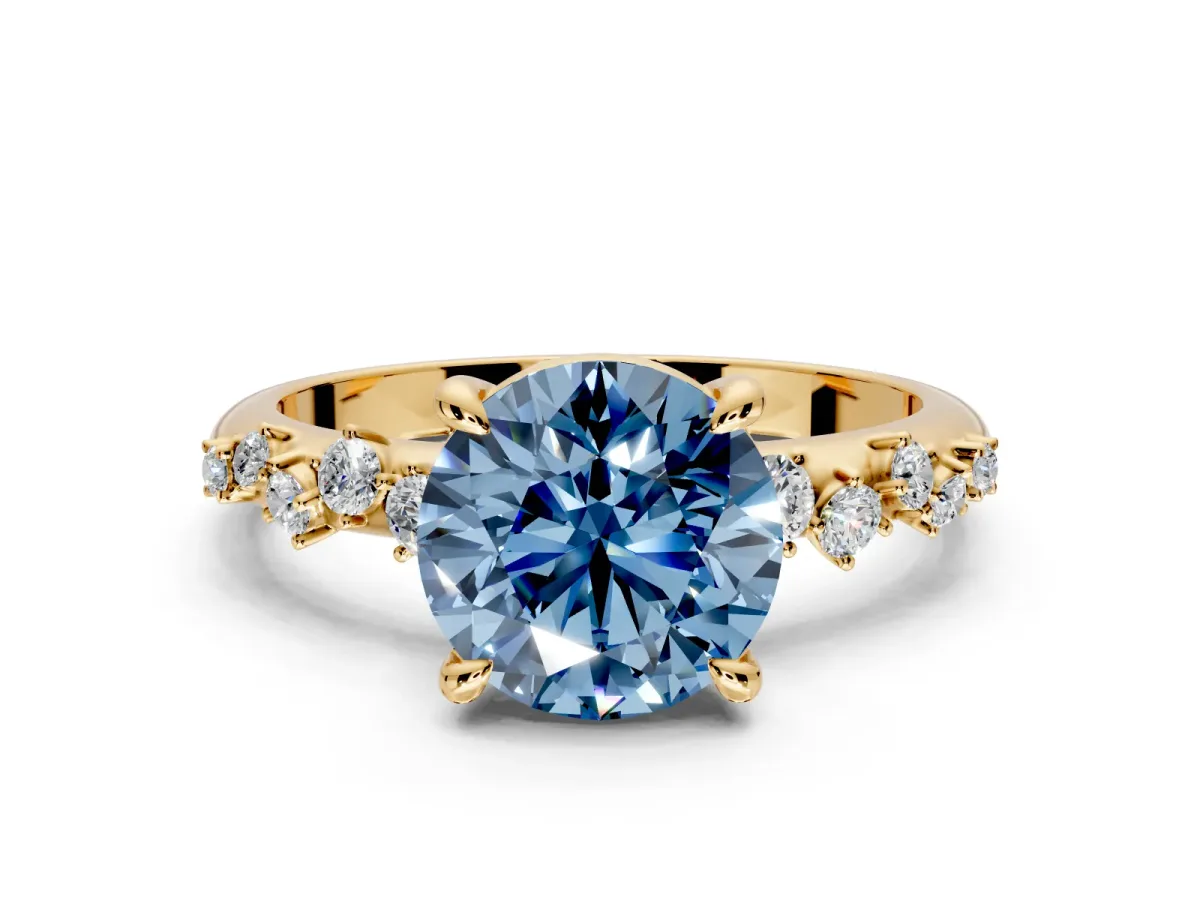 Solitaire Engagement Ring Setting for Fancy Blue Round Cut Center with Trailing Leaf Accent Band and Prong Head in Yellow Gold
