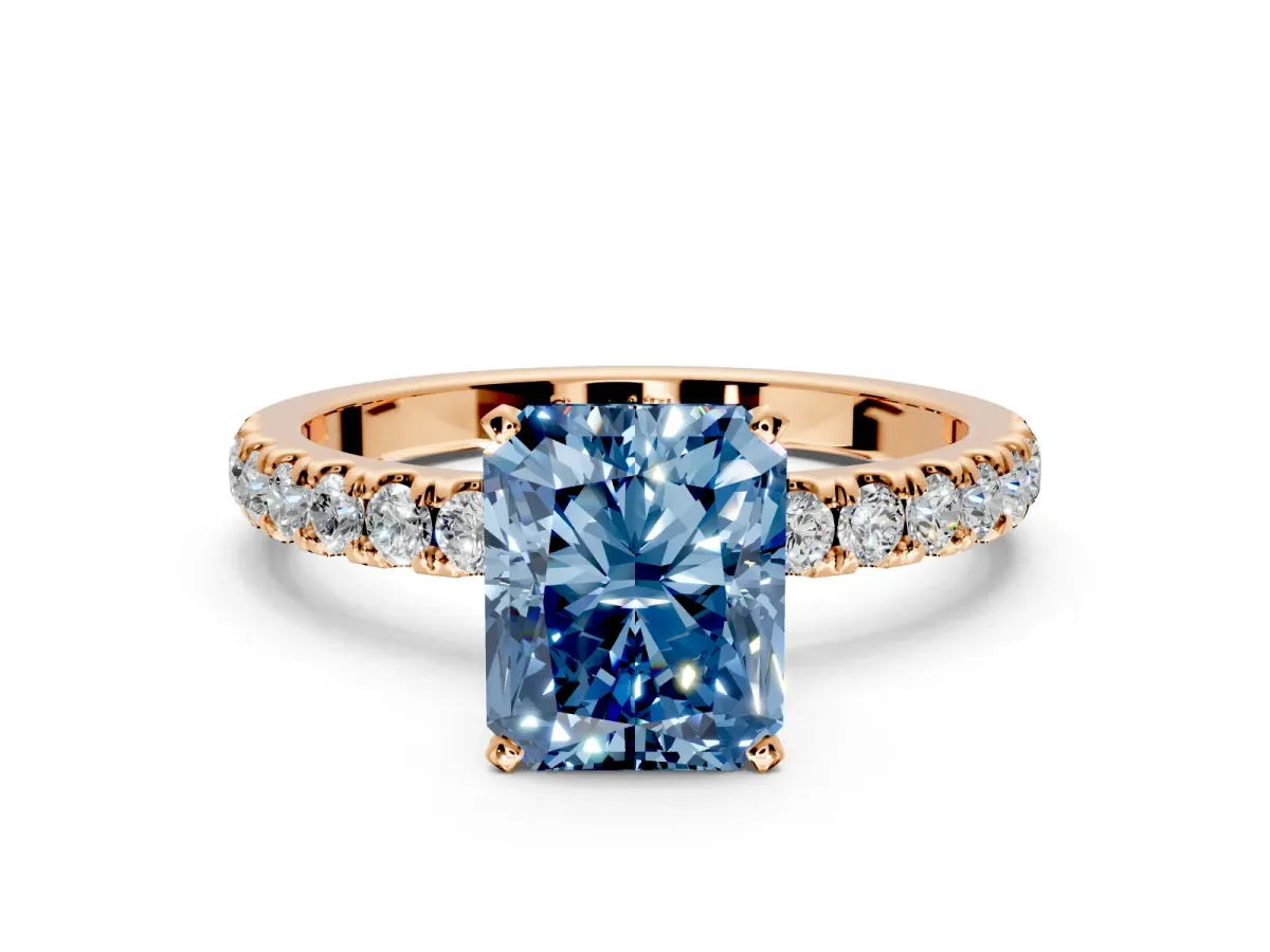 Open Basket Engagement Ring Setting for Fancy Blue Radiant Cut Center with Pave Band and Prong Head in Rose Gold
