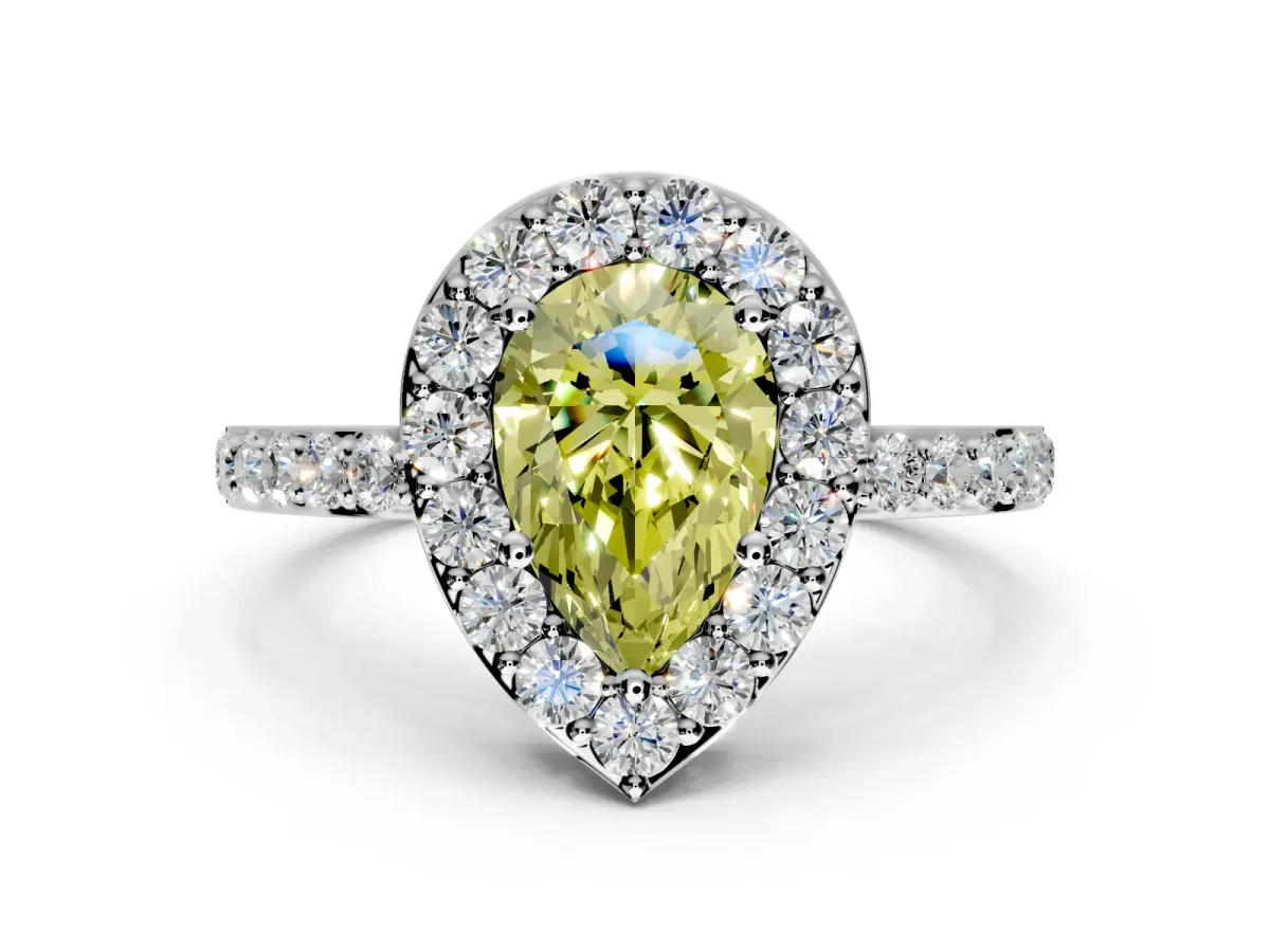 Halo Engagement Ring Setting for Fancy Yellow Pear-Shaped Center with Heart-Shaped Openwork, Pave Band and Prong Head in Platinum