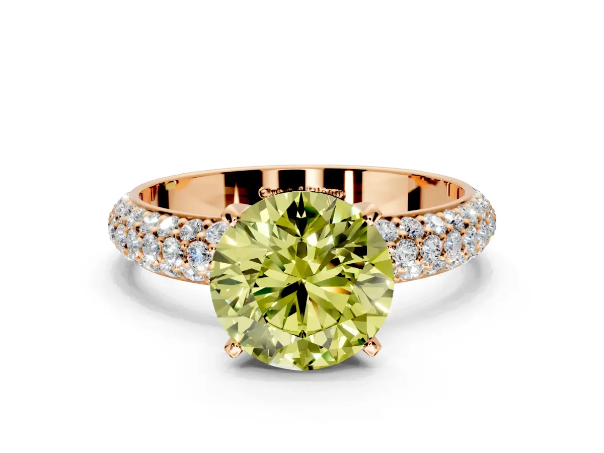 Solitaire Engagement Ring Setting for Fancy Yellow Round Cut Center with Domed Multi-Row Pave Band and Prong Head in Rose Gold