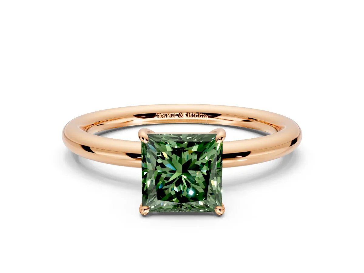 Low-Set Solitaire Engagement Ring Setting for Fancy Green Princess Cut Center with Thin Plain Band and Prong Head in Rose Gold