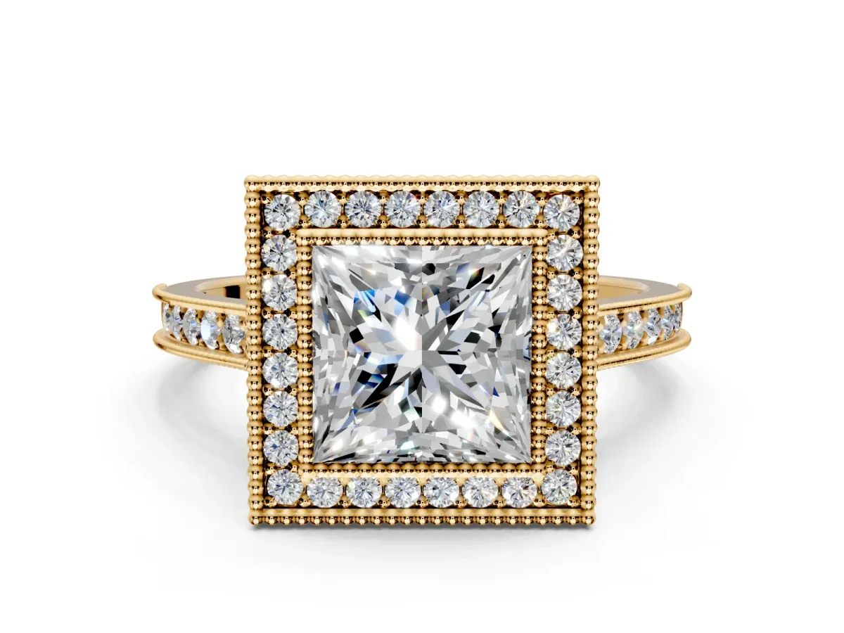 Halo Engagement Ring Setting for Princess Cut Center with Milgrain Pave Band and Bezel Head in Yellow Gold