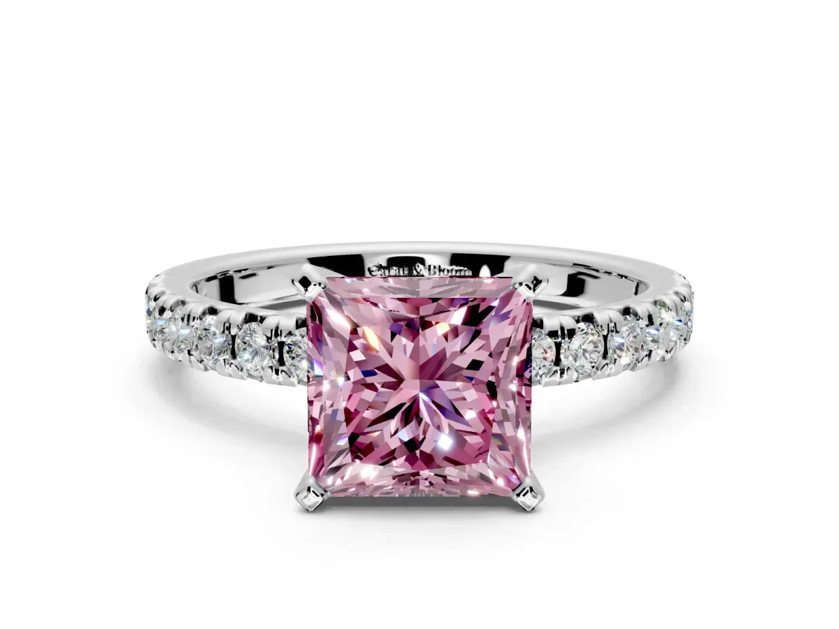 Solitaire Engagement Ring Setting for Fancy Pink Princess Cut Center with Large Accents and Prong Head in Platinum
