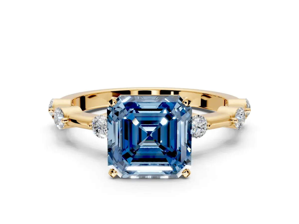 Solitaire Engagement Ring Setting for Fancy Blue Asscher Cut Center with Bezel Station Band and Prong Head in Yellow Gold