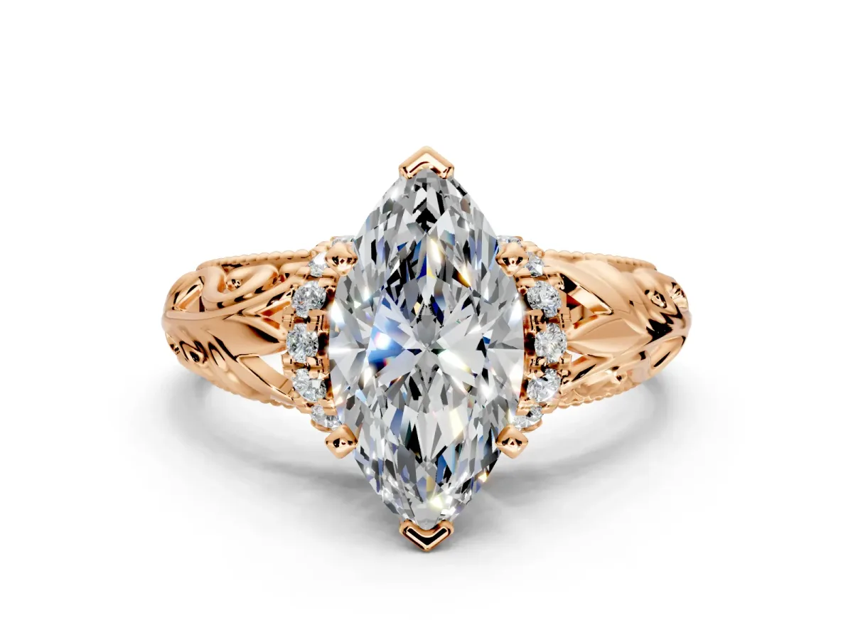 Solitaire Engagement Ring Setting for Marquise Center with Filigree Accent Basket and Prong Head in Rose Gold