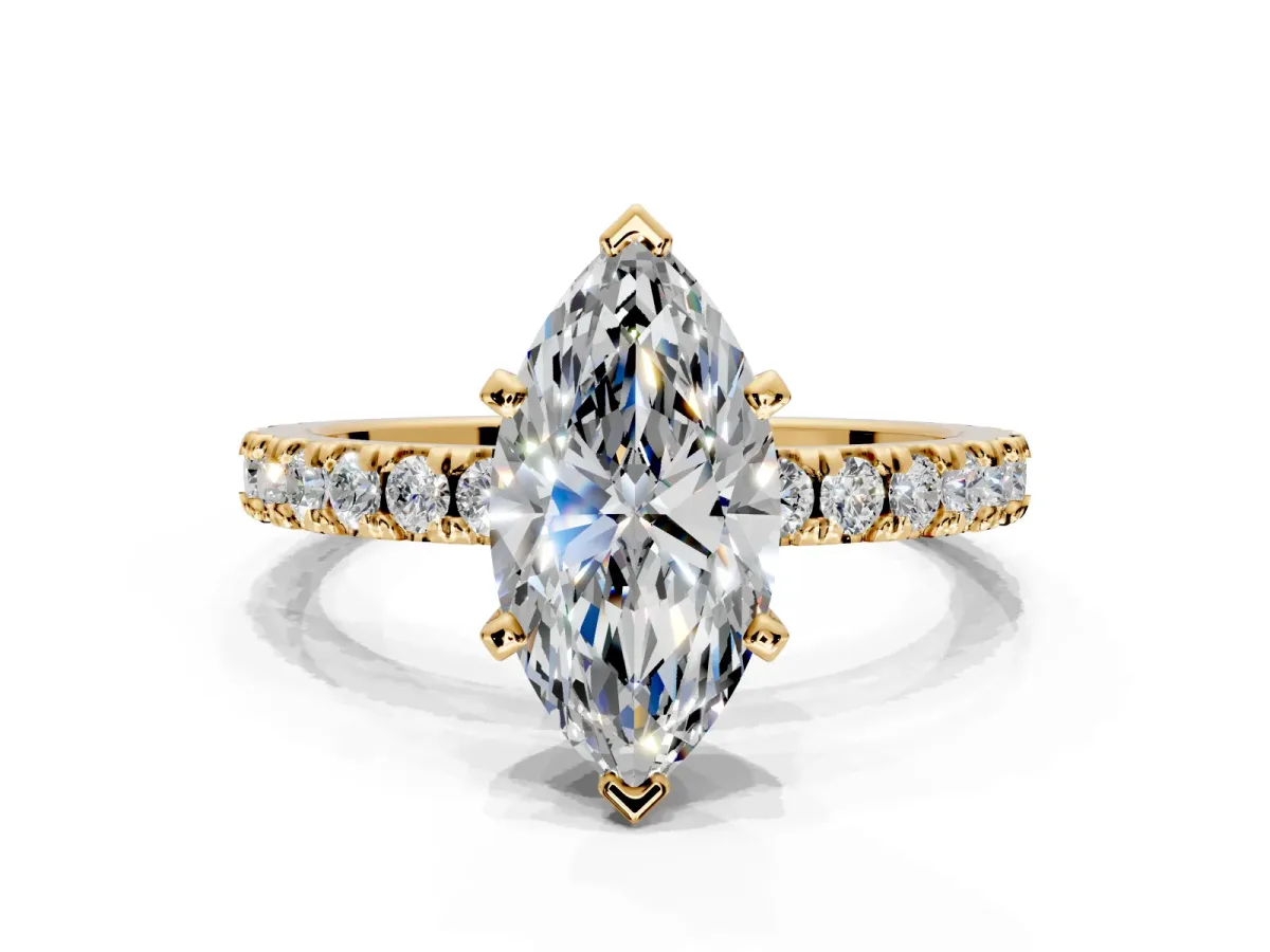 Solitaire Engagement Ring Setting for Marquise Center with Fine Pave Band and Claw Prong Head in Yellow Gold