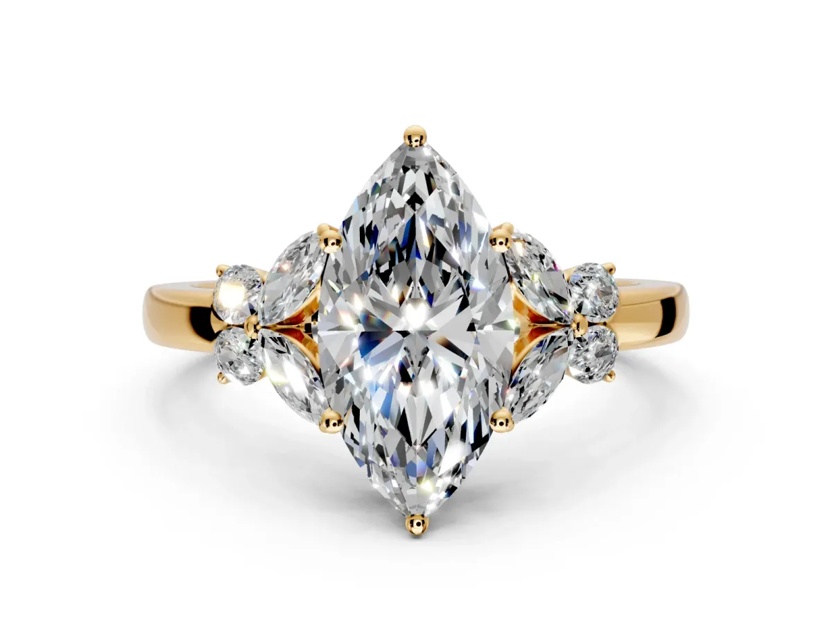Solitaire Engagement Ring Setting for Marquise Center with Marquise Flower Shoulders and Prong Head in Yellow Gold