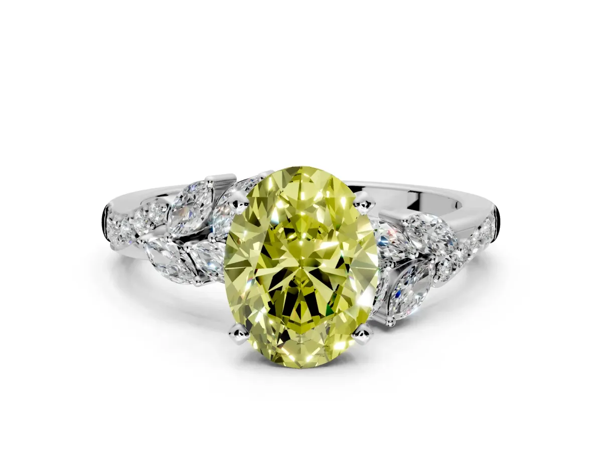 Solitaire Engagement Ring Setting for Fancy Yellow Oval Center with Marquise Accent Twist Band and Prong Head in White Gold