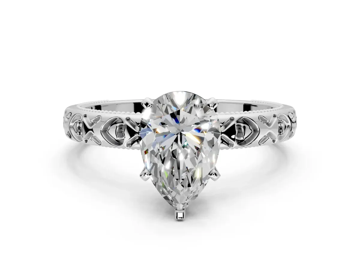 Solitaire Engagement Ring Setting for Pear-Shaped Center with XO Engraved Band and Prong Head in Sterling Silver