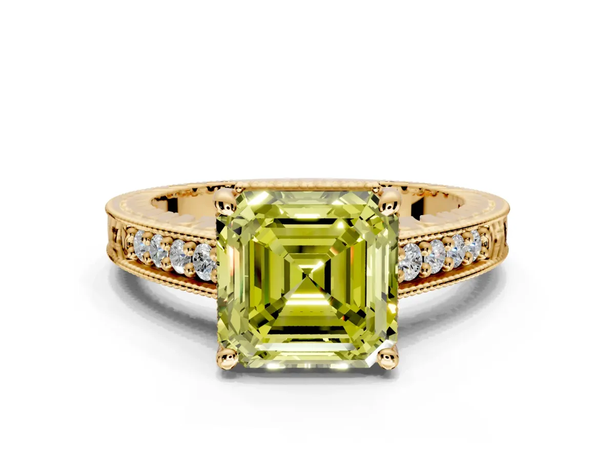 Engraved Engagement Ring Setting for Fancy Yellow Asscher Cut Center with Milgrain Pave Band and Prong Head in Yellow Gold