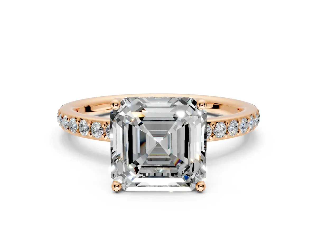 Solitaire Engagement Ring Setting for Asscher Cut Center with Fine Pave Band and Prong Head in Rose Gold