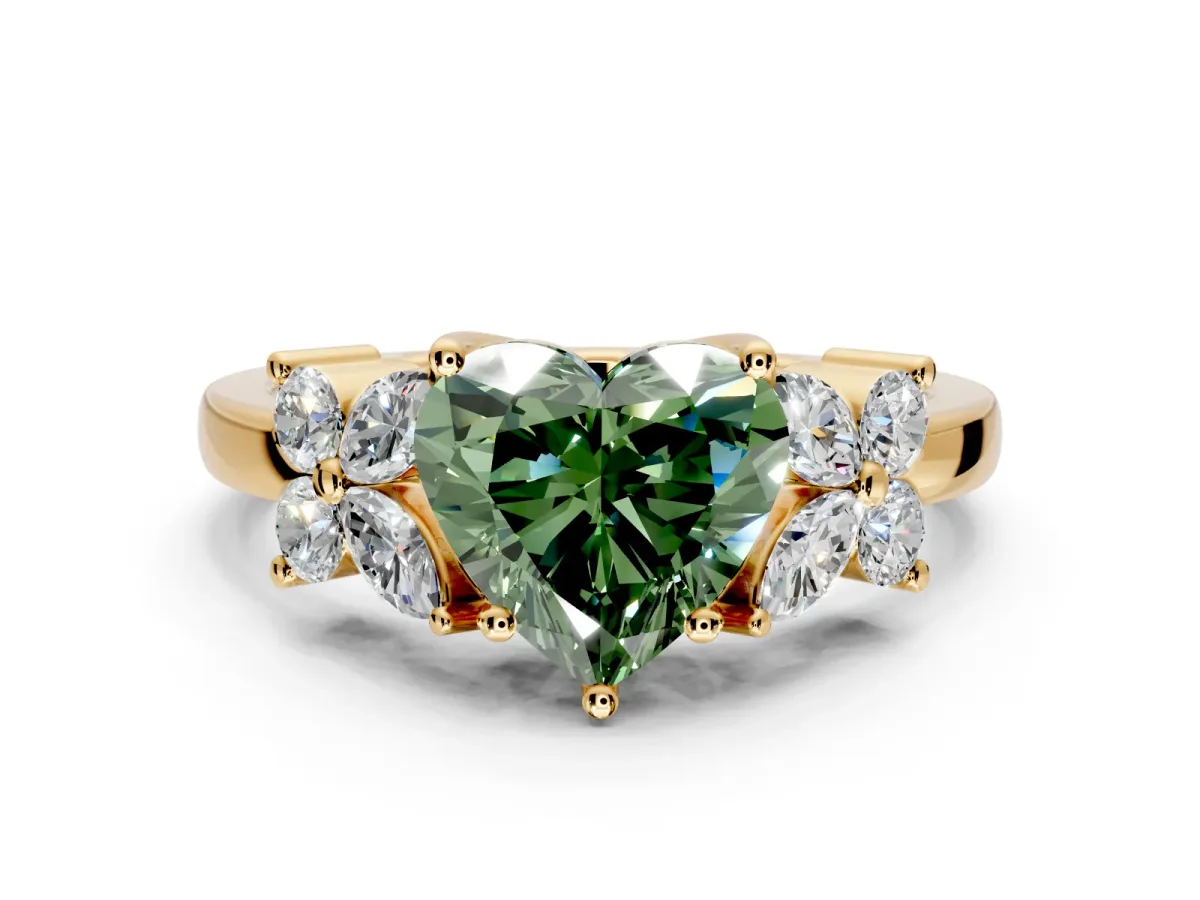 Floral Engagement Ring Setting for Fancy Green Heart-Shaped Center with Marquise Cluster Shoulders and Prong Head in Yellow Gold