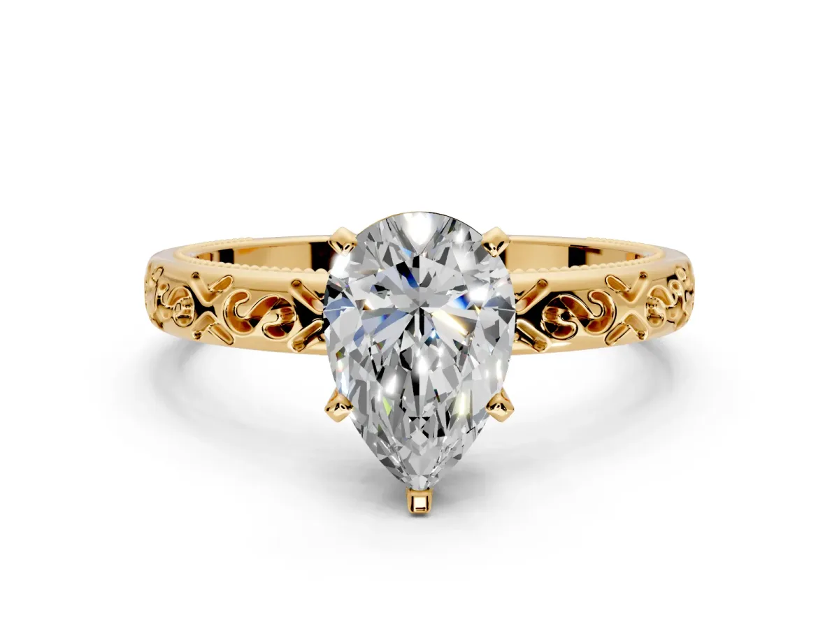 Solitaire Engagement Ring Setting for Pear-Shaped Center with Scrollwork Band and Prong Head in Yellow Gold