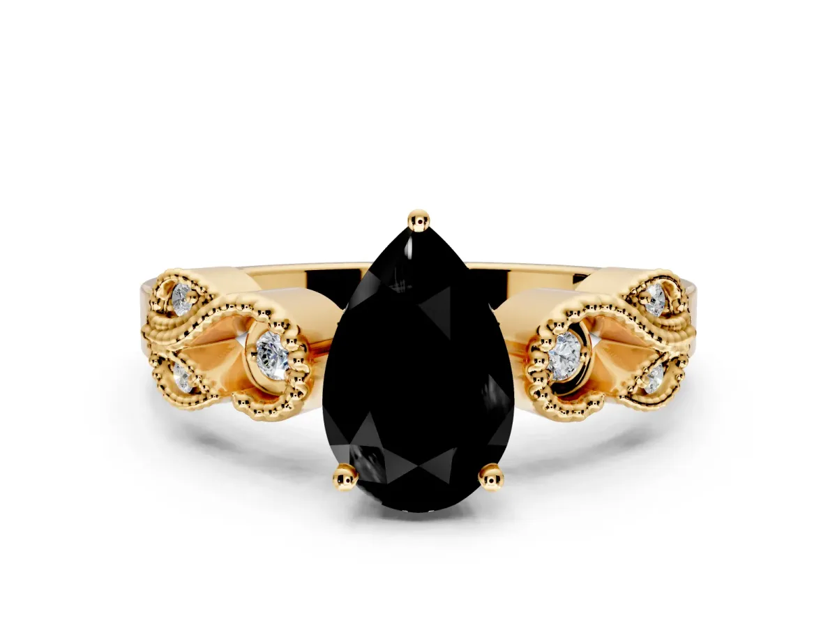 Leaf Engagement Ring Setting for Fancy Black Pear-Shaped Center with Milgrain Accent Band and Prong Head in Yellow Gold