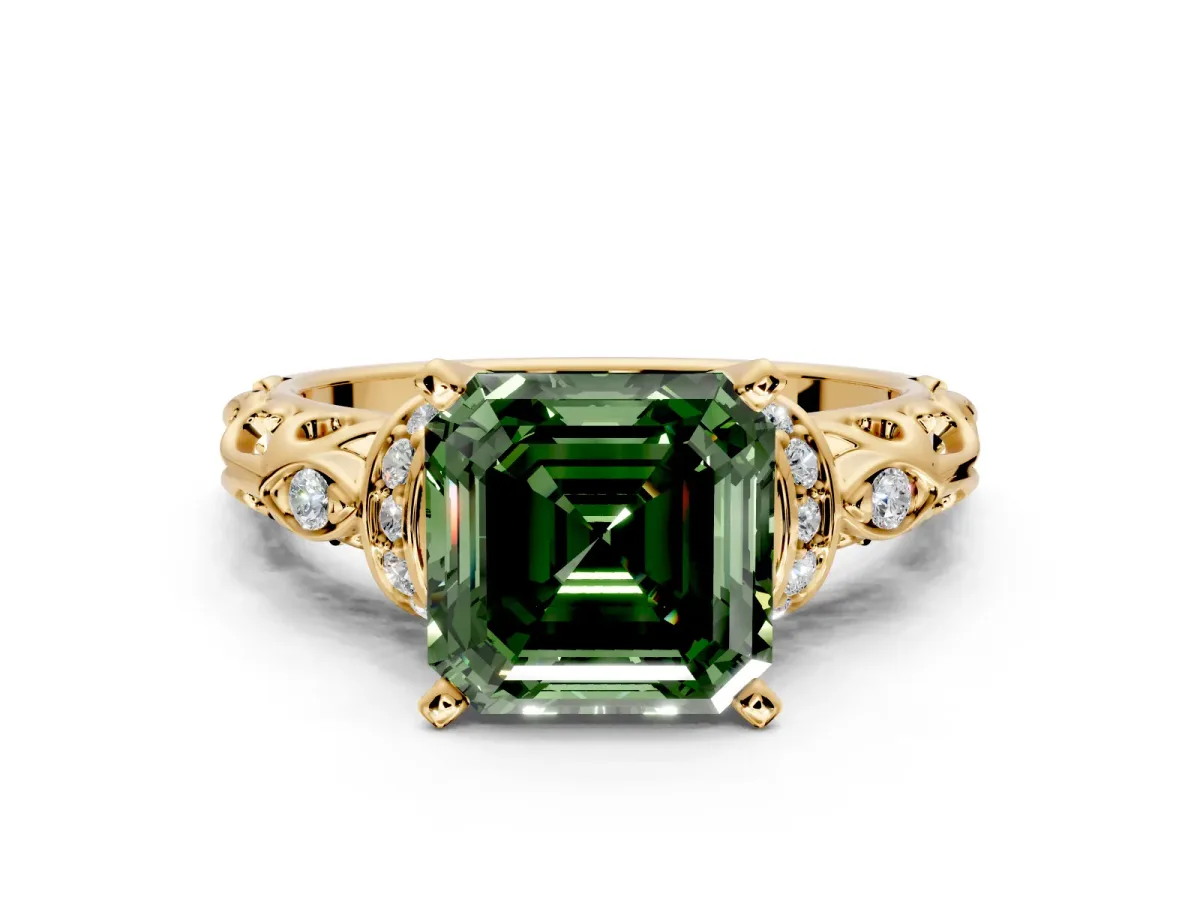 Solitaire Engagement Ring Setting for Fancy Green Asscher Cut Center with Filigree Band and Prong Head in Yellow Gold