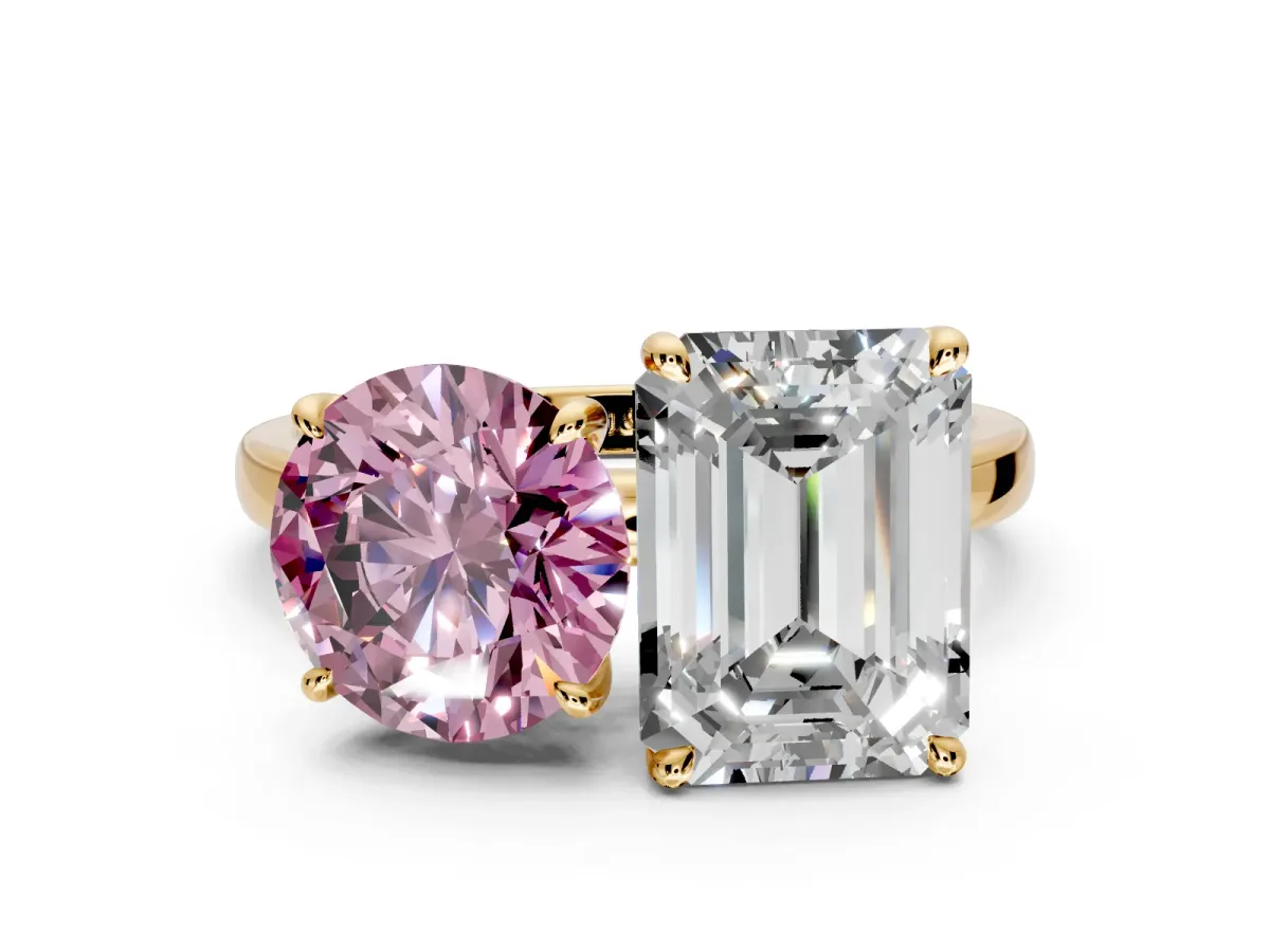 Fancy Pink Round Cut and Emerald Cut Lab-Grown Diamond Toi et Moi Engagement Ring with Prong-Set Stones in Yellow Gold