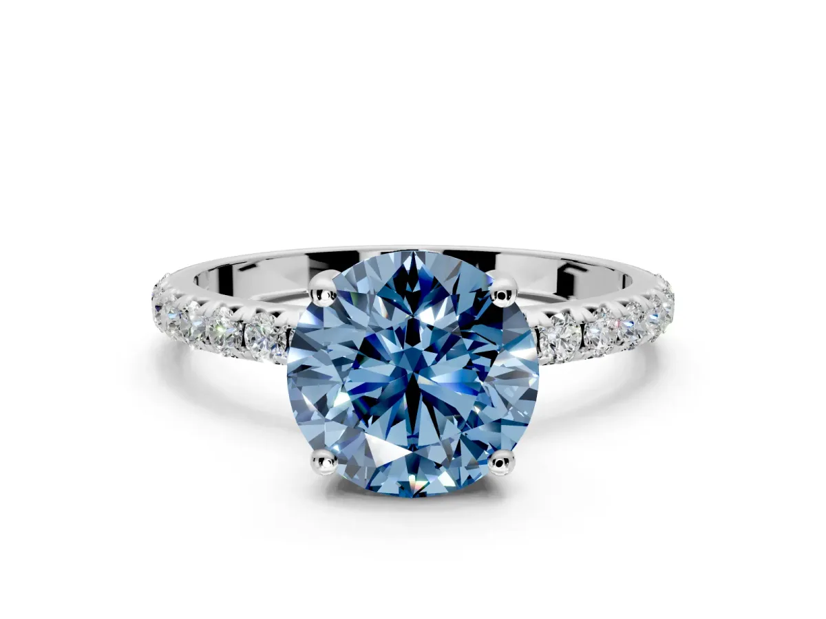 Solitaire Engagement Ring Setting for Fancy Blue Round Cut Center with Micro Pave Band and Prong Head in White Gold
