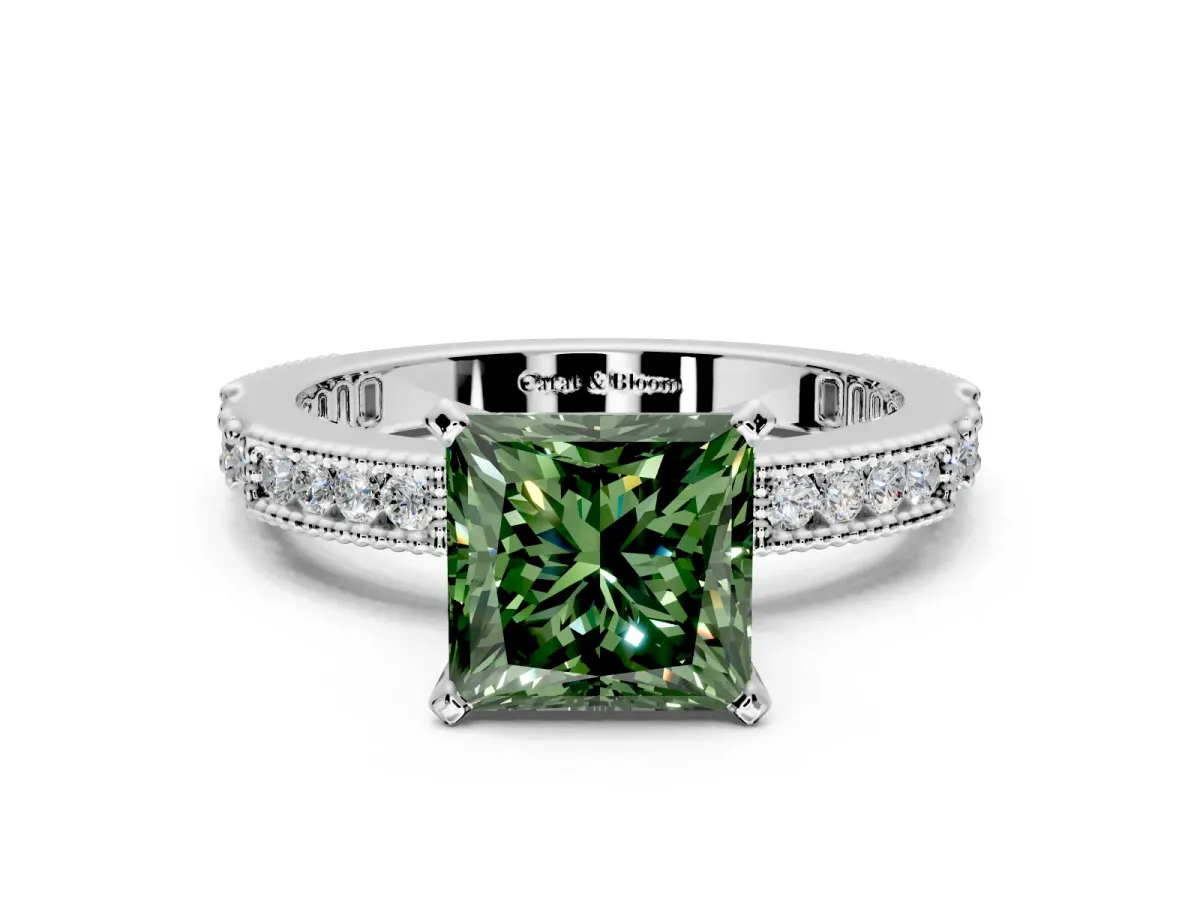 Solitaire Engagement Ring Setting for Fancy Green Princess Cut Center with Milgrain-Edged Pave Band and Prong Head in White Gold