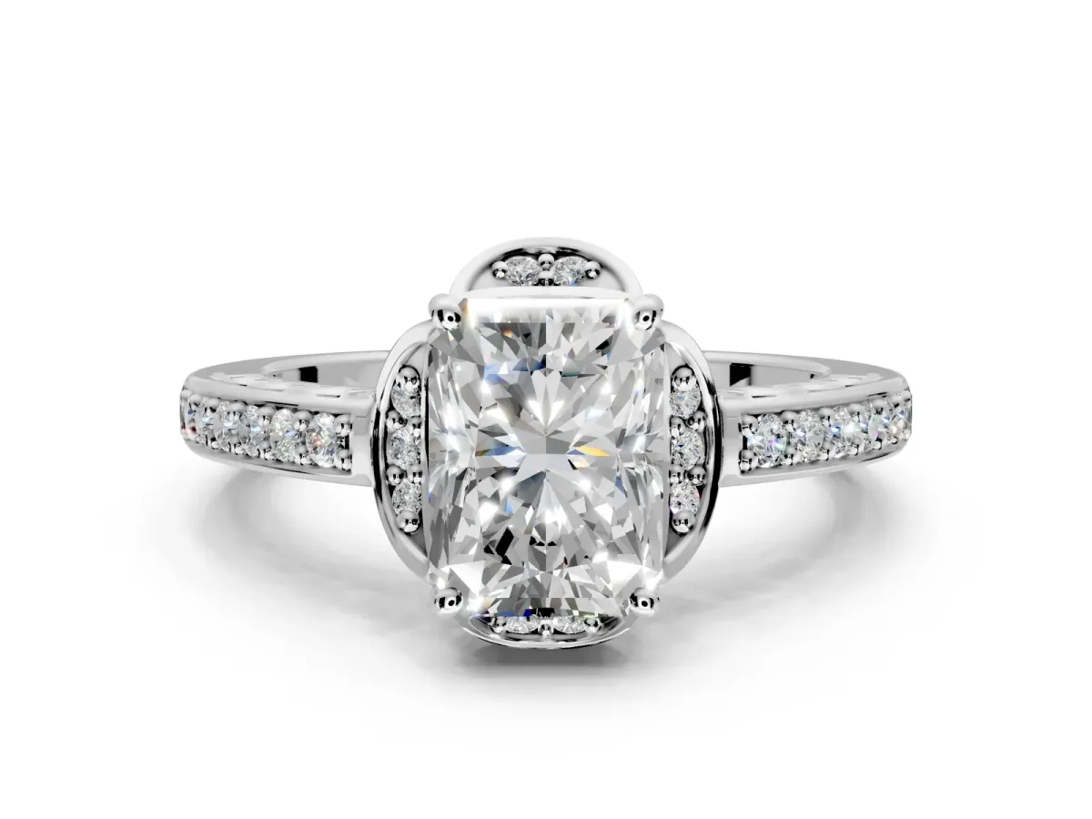 Floral Engagement Ring Setting for Radiant Cut Center with Four Accent Clusters and Prong Head in White Gold