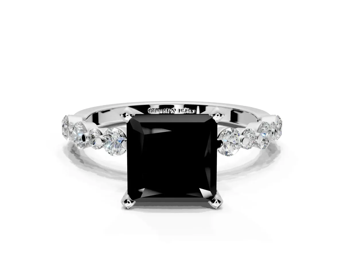 Solitaire Engagement Ring Setting for Fancy Black Princess Cut Center with Alternating Size Accents and Prong Head in Platinum
