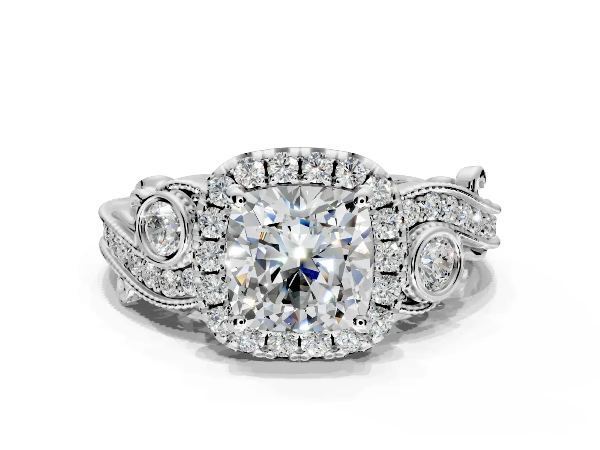 Milgrain Halo Engagement Ring Setting for Cushion Cut Center with Shoulder Bezels and Prong Head in Platinum