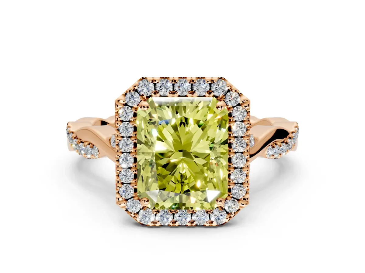 Halo Engagement Ring Setting for Fancy Yellow Radiant Cut Center with Twist Band and Prong Head in Rose Gold