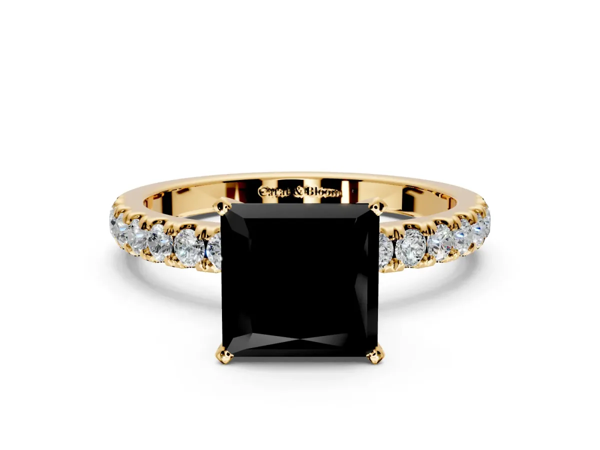 Open Basket Engagement Ring Setting for Fancy Black Princess Cut Center with Pave Band and Prong Head in Yellow Gold
